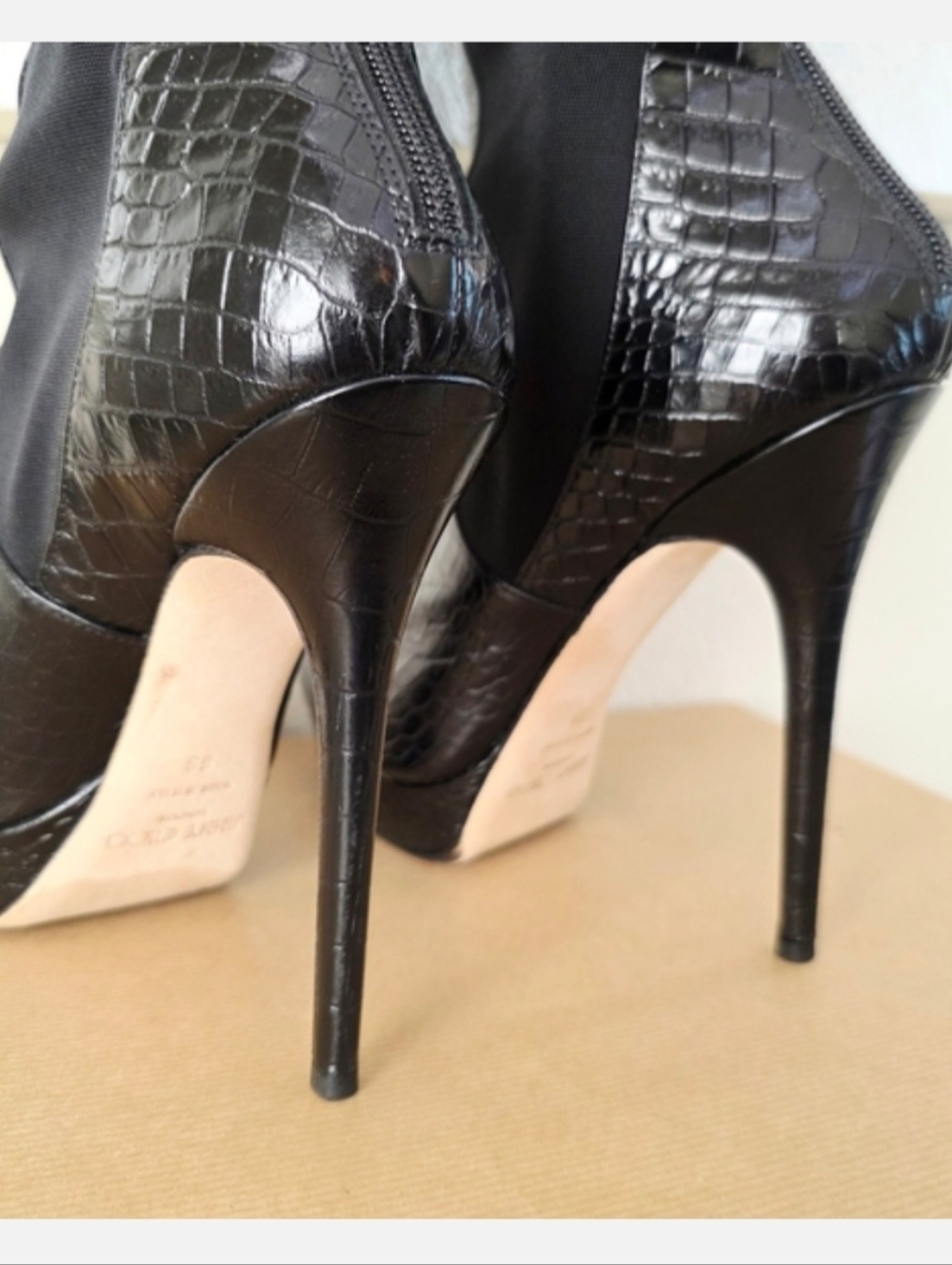 Jimmy Choo Black Croc-Embossed Knee-High Heeled Boots with Stretch Panels US 8 - Picture 12 of 16